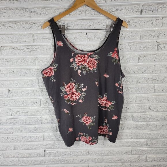 Maurices Womens Top 3X Plus Tank Gray Pink Floral Cotton Blend Comfy FLO39E - Picture 1 of 8